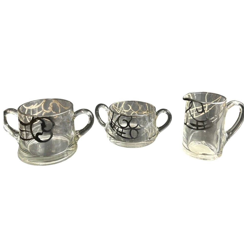 Vintage Mid Century Glass Sugar Bowl Creamer Set Silver Swirl Design Glassware
